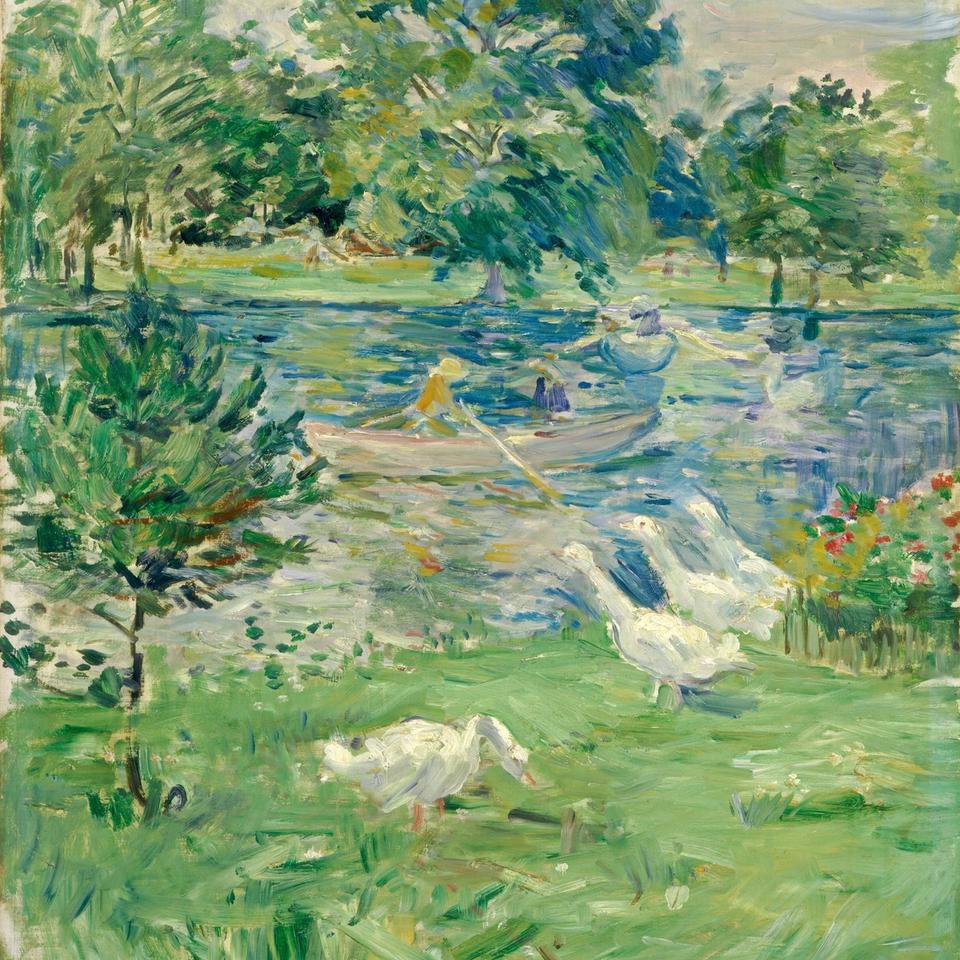 Berthe Morisot's Girl in a Boat with Geese, capturing figures and reflections in soft outdoor light