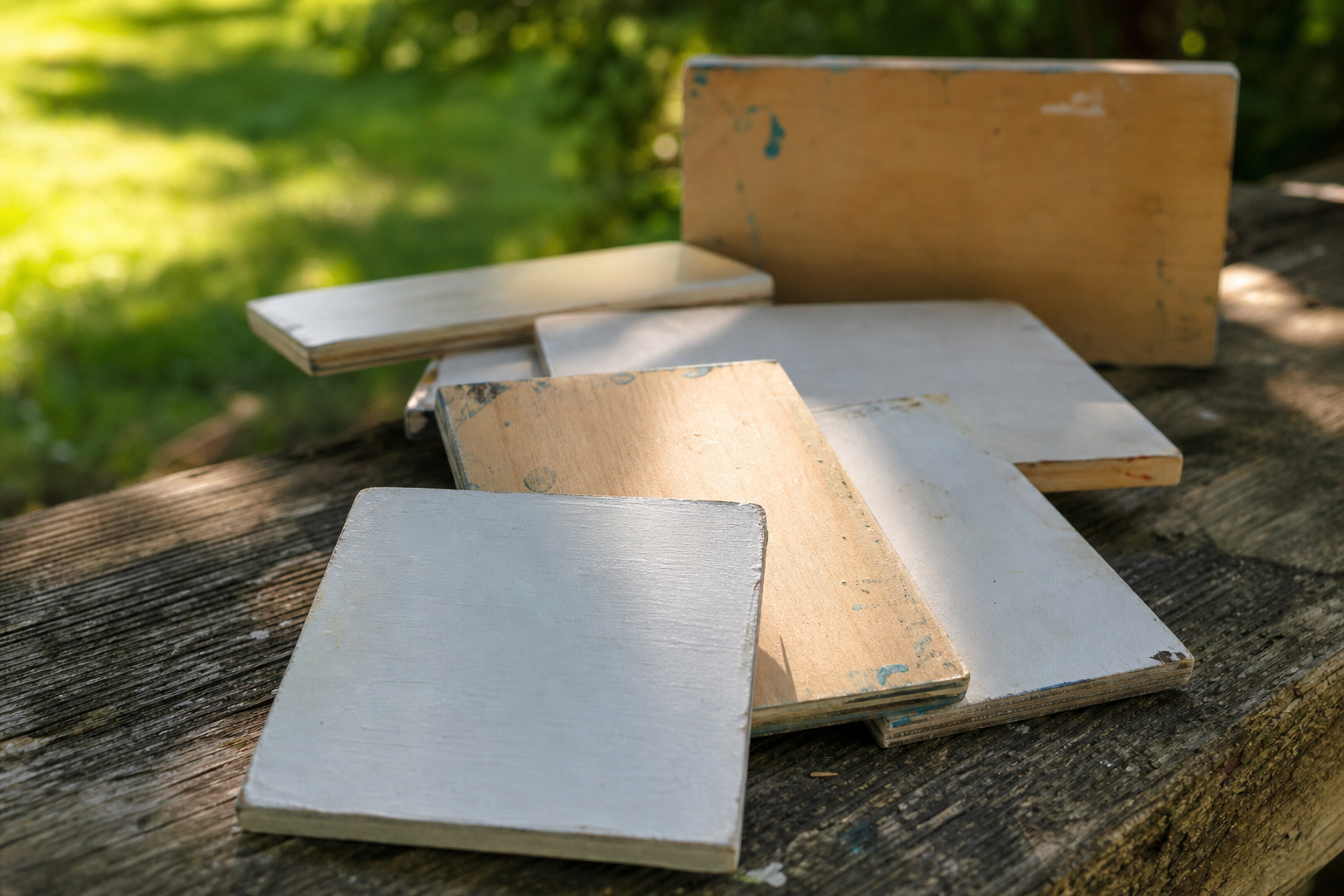Assorted small rigid painting panels arranged on a wooden outdoor surface