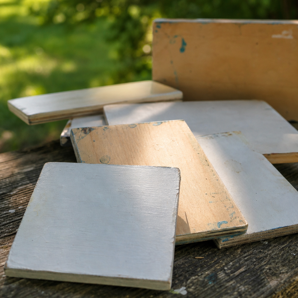 Assorted small rigid painting panels arranged on a wooden outdoor surface