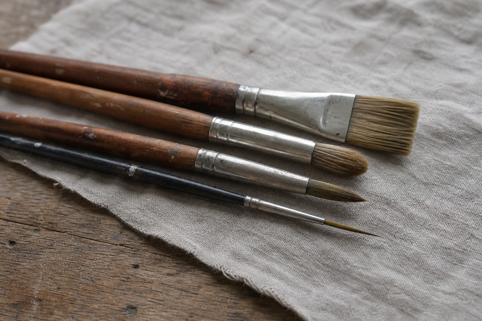 Flat, filbert, round and rigger oil painting brushes arranged side by side on a neutral background