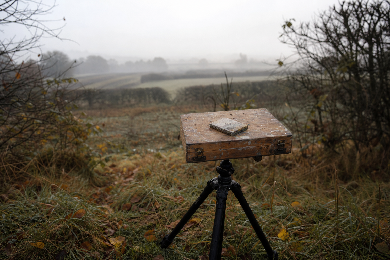 Small pochade box on a tripod in a misty autumn field with bare hedgerows