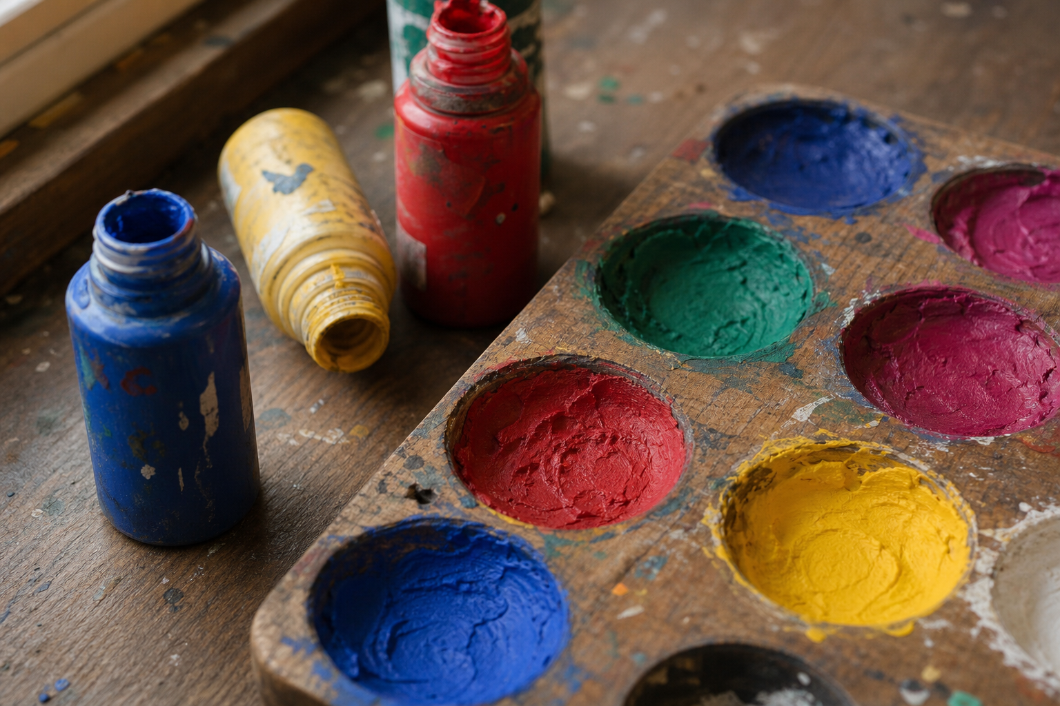 Close-up of acrylic gouache bottles with filled palette wells showing vivid matte colours