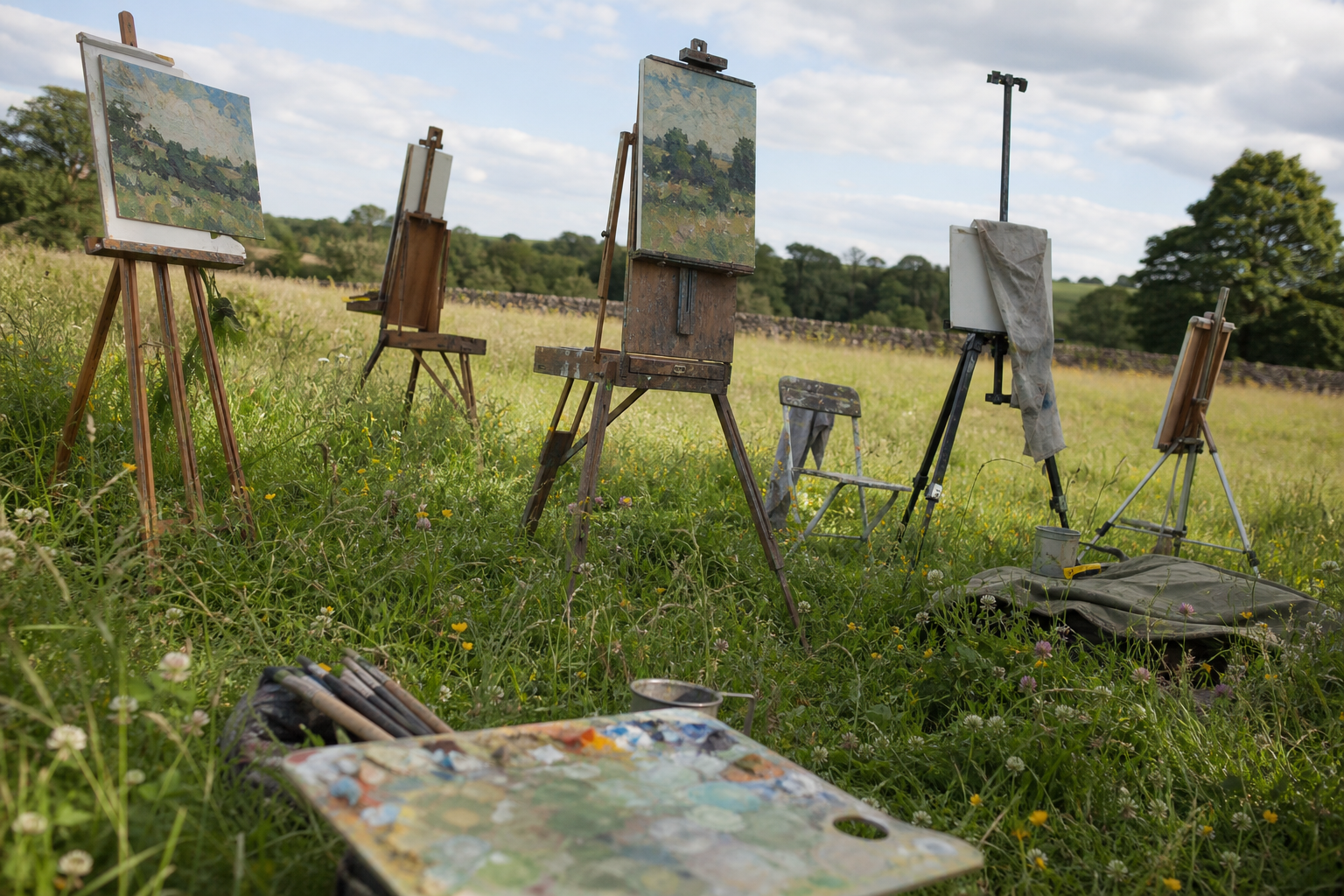 Several easels set up across an open meadow on a bright summer day