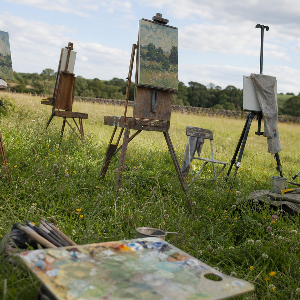 Several easels set up across an open meadow on a bright summer day