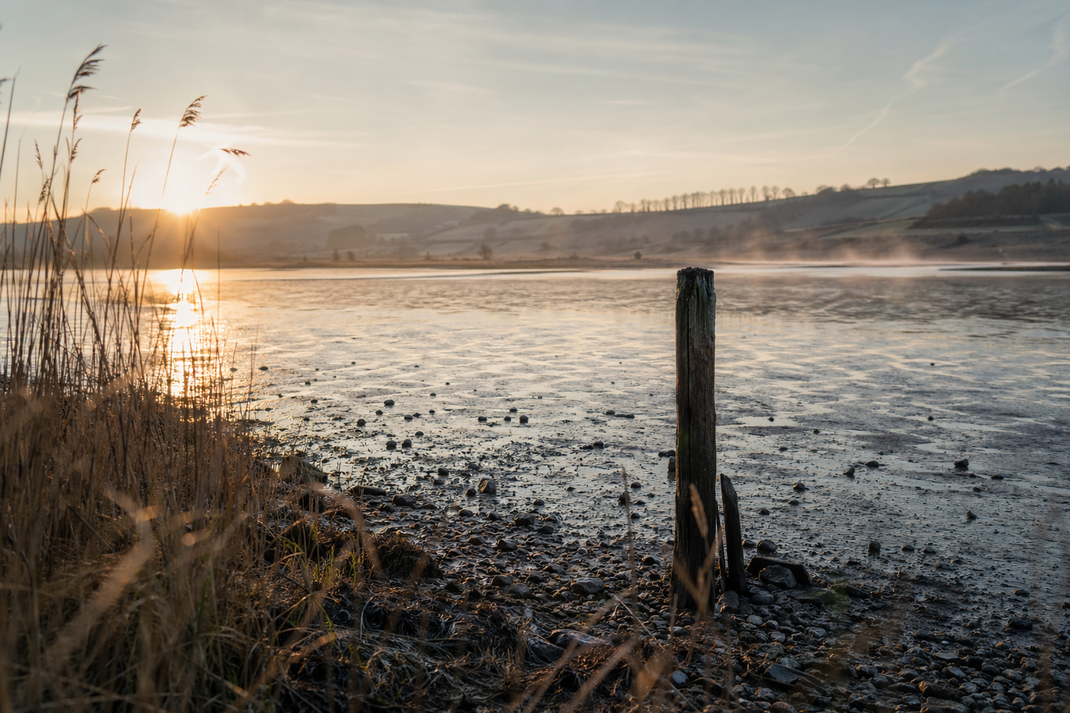 Wide estuary at dawn with soft haze and golden reflected light on water