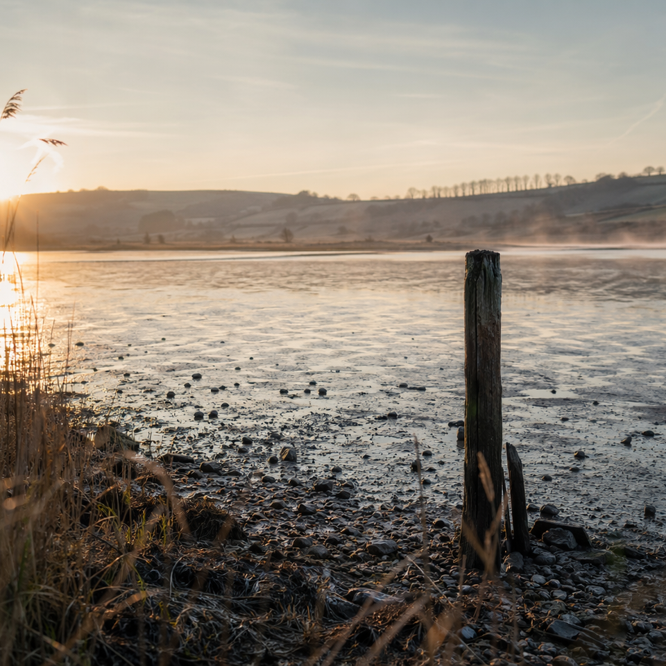 Wide estuary at dawn with soft haze and golden reflected light on water