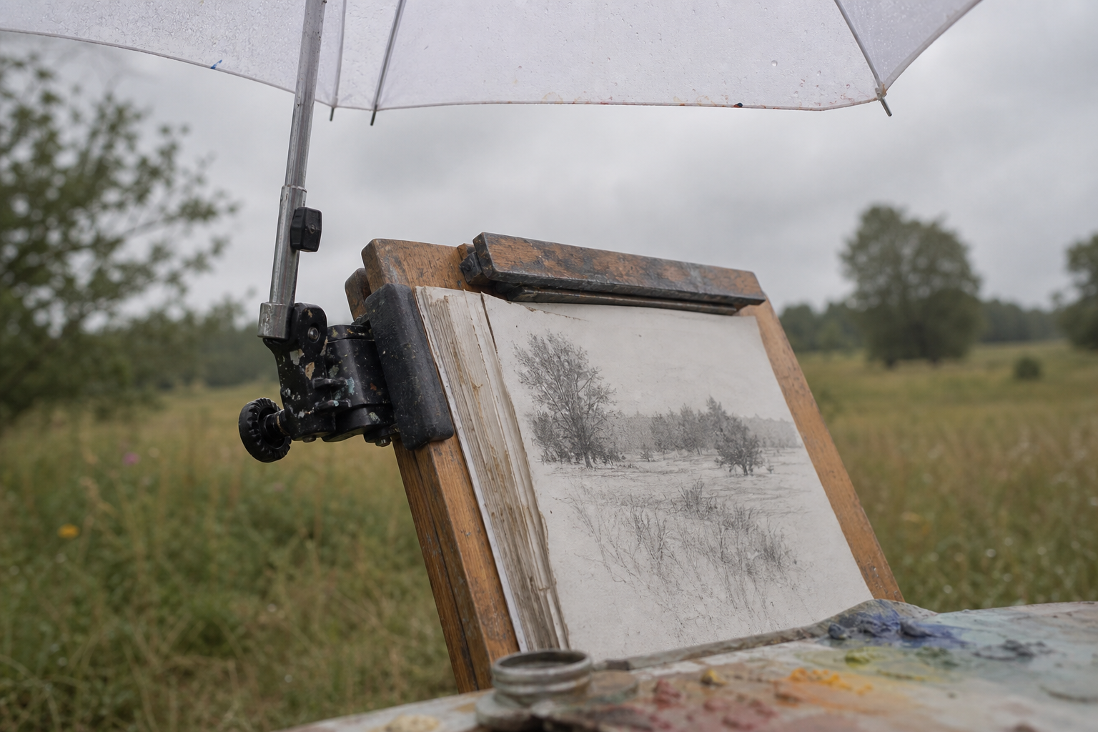White-canopied clamp-on painting umbrella attached to a sketching easel on an overcast day
