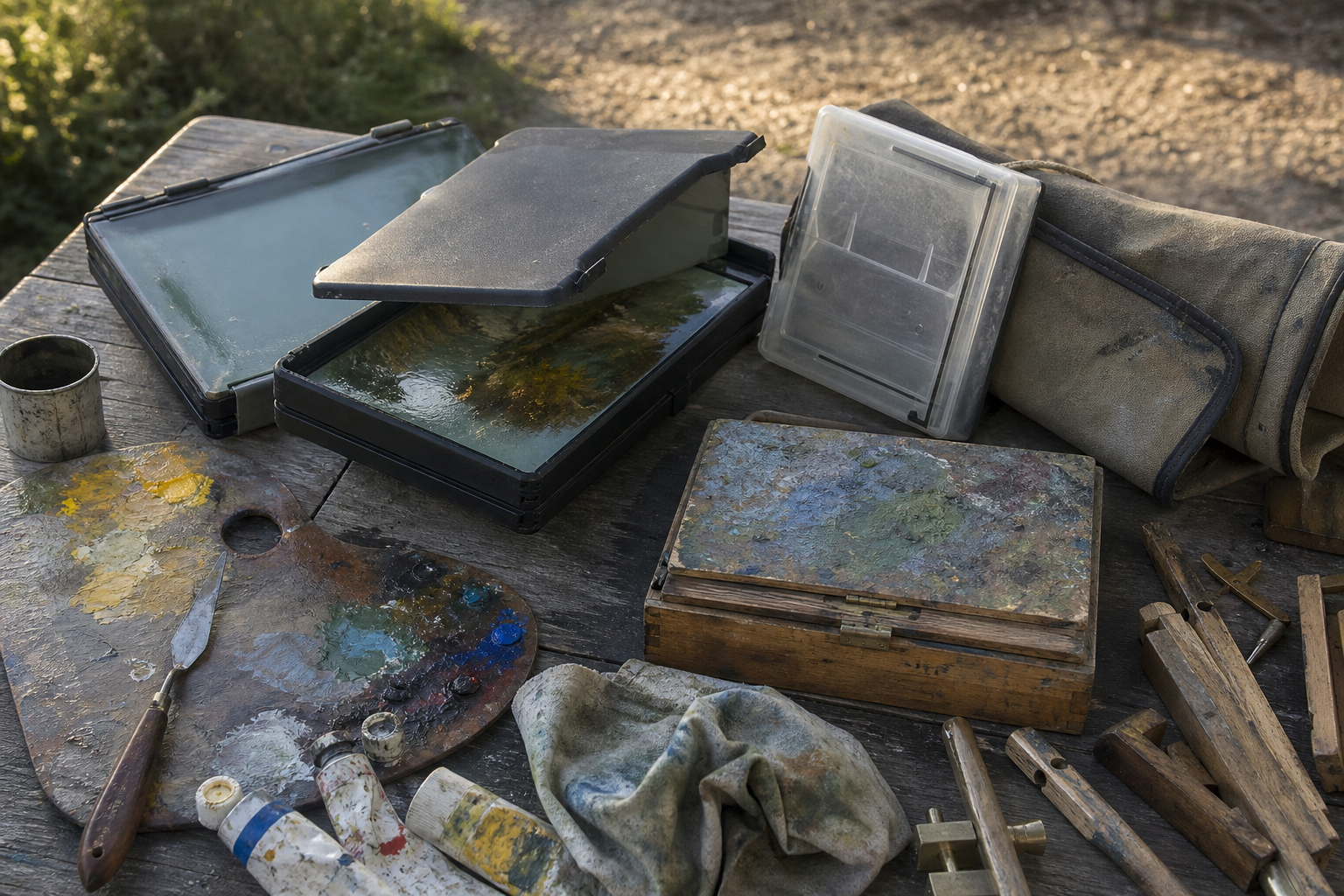 Assorted wet panel carriers, oil panels, and plein air painting equipment arranged on a wooden surface