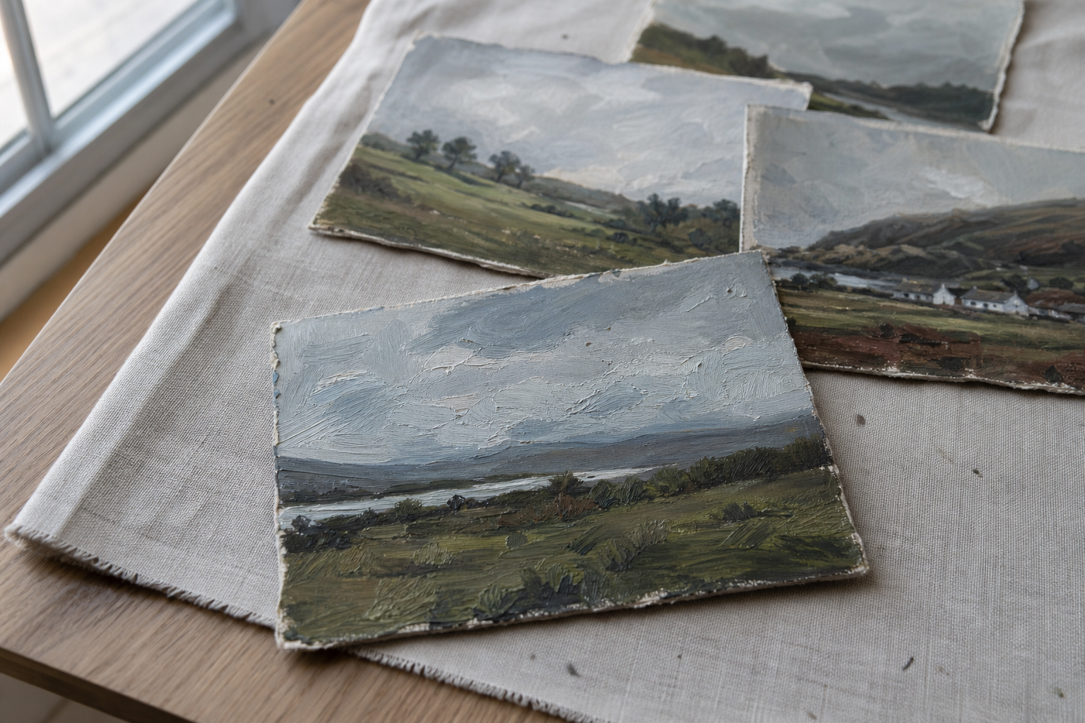 Several small landscape paintings on a neutral surface in soft daylight