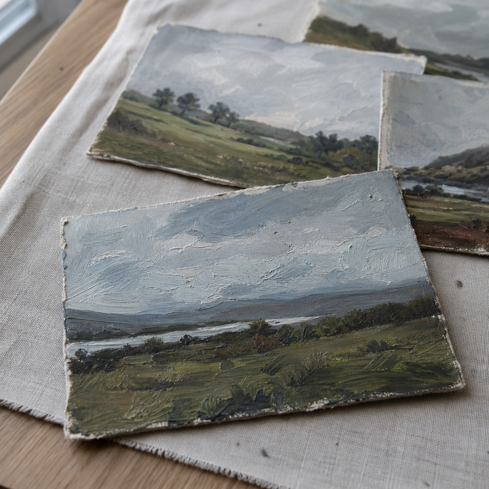 Several small landscape paintings on a neutral surface in soft daylight