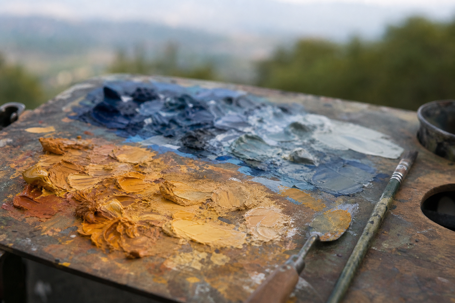 Close-up of paint palette showing warm ochre and cool blue-grey mixes side by side