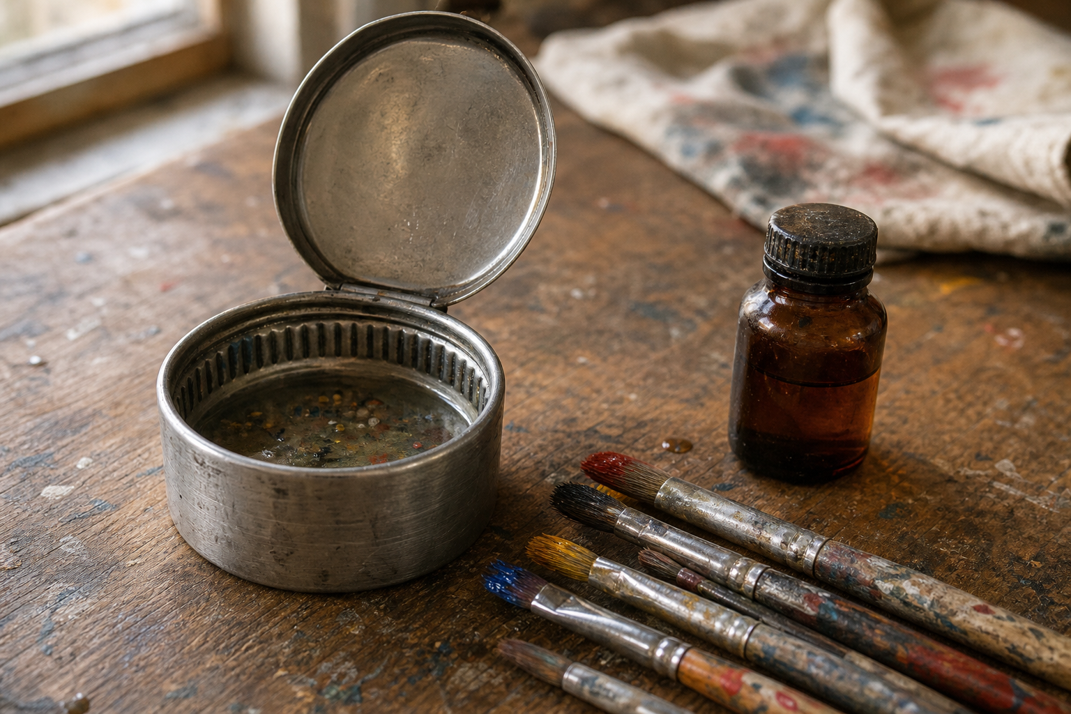 Steel brush washer with an open lid next to small solvent bottle and paint-stained brushes on a wooden surface