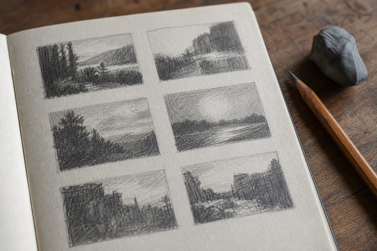 Close-up of small pencil thumbnail sketches showing dark and light value masses on sketchbook paper
