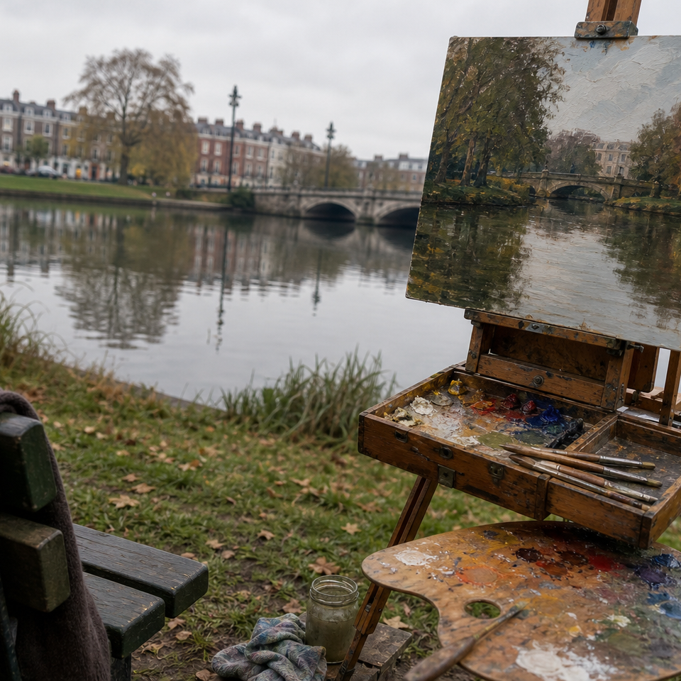 Painting easel and pochade box set up beside a calm park lake in London