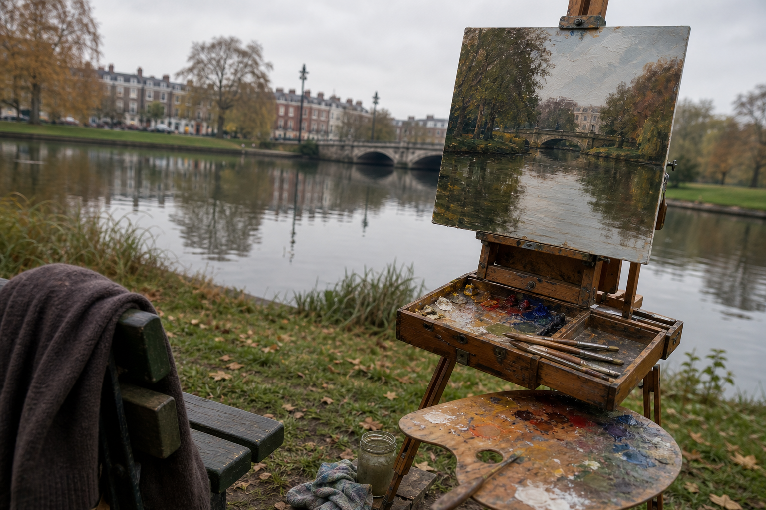 Painting easel and pochade box set up beside a calm park lake in London