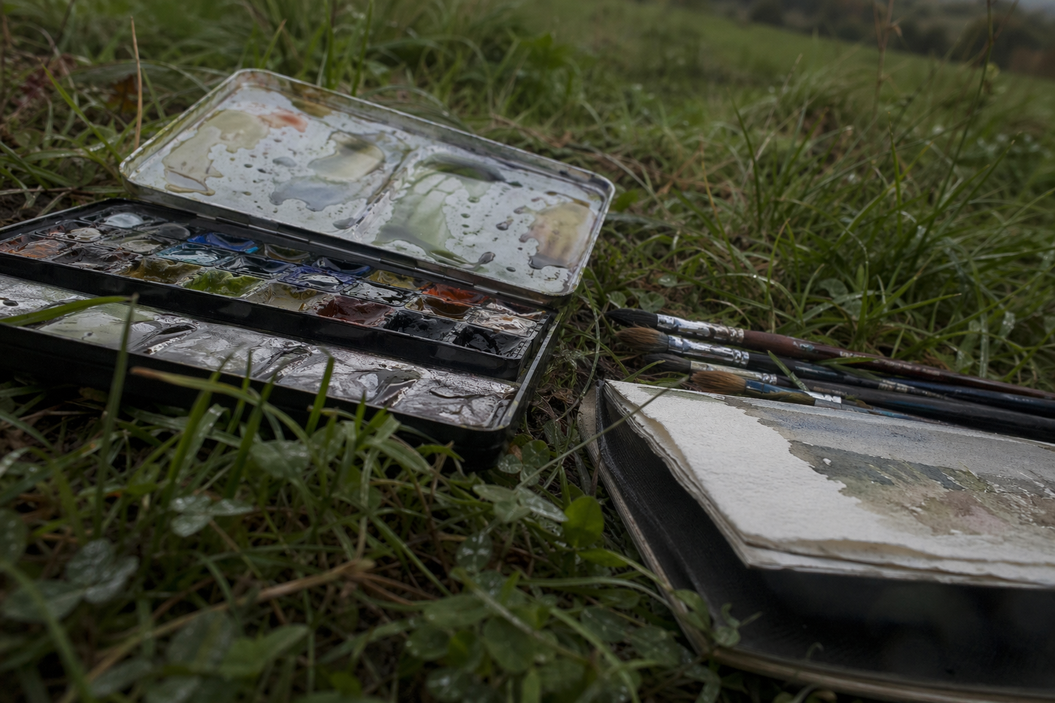 A compact watercolour travel palette, small brushes, and a watercolour block on grass