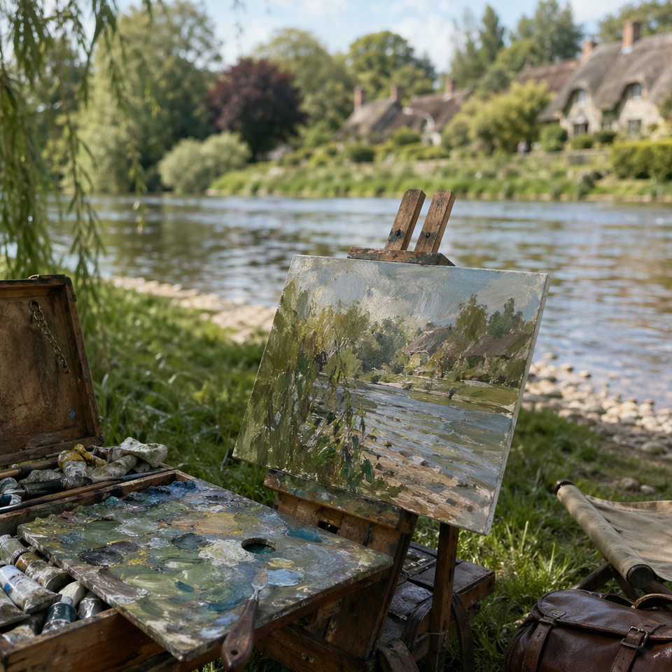 Open paintbox and canvas on a portable easel beside a sunlit riverbank