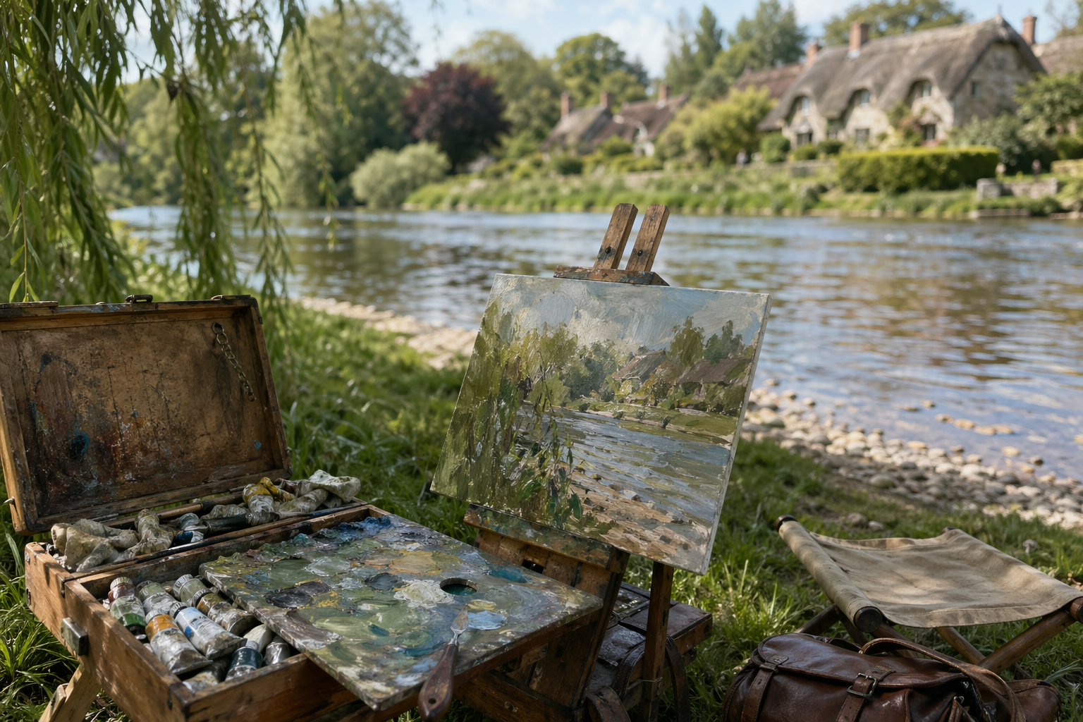 Open paintbox and canvas on a portable easel beside a sunlit riverbank