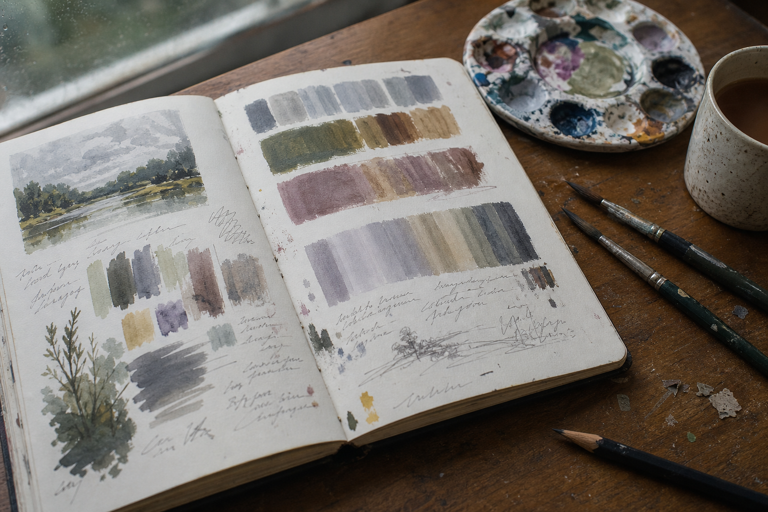 Open notebook with painted colour studies and handwritten notes on a wooden desk.