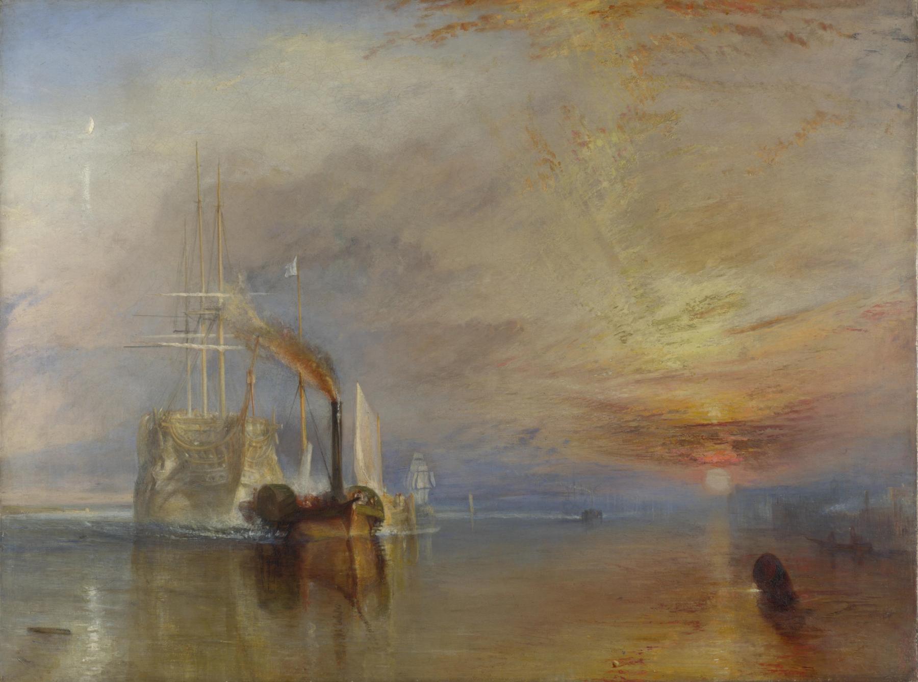Painting of the ship "The Fighting Temeraire" being tugged to its last berth to be broken up.