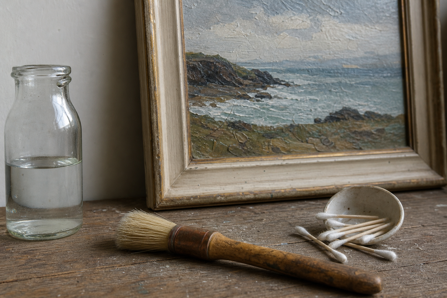 Soft natural bristle brush, cotton buds, and distilled water beside a framed oil painting