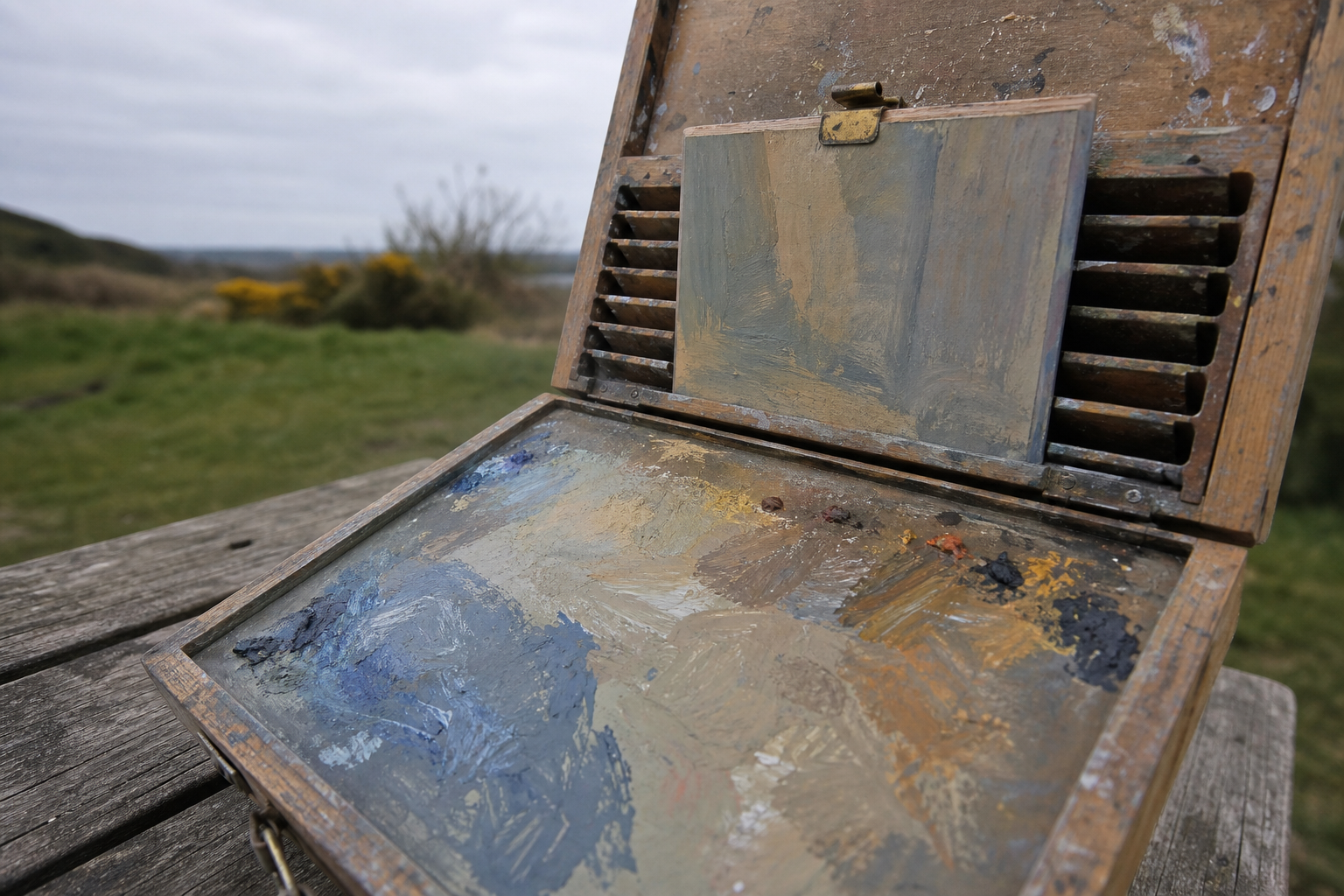 Open pochade box showing wooden palette surface and panel holder slots