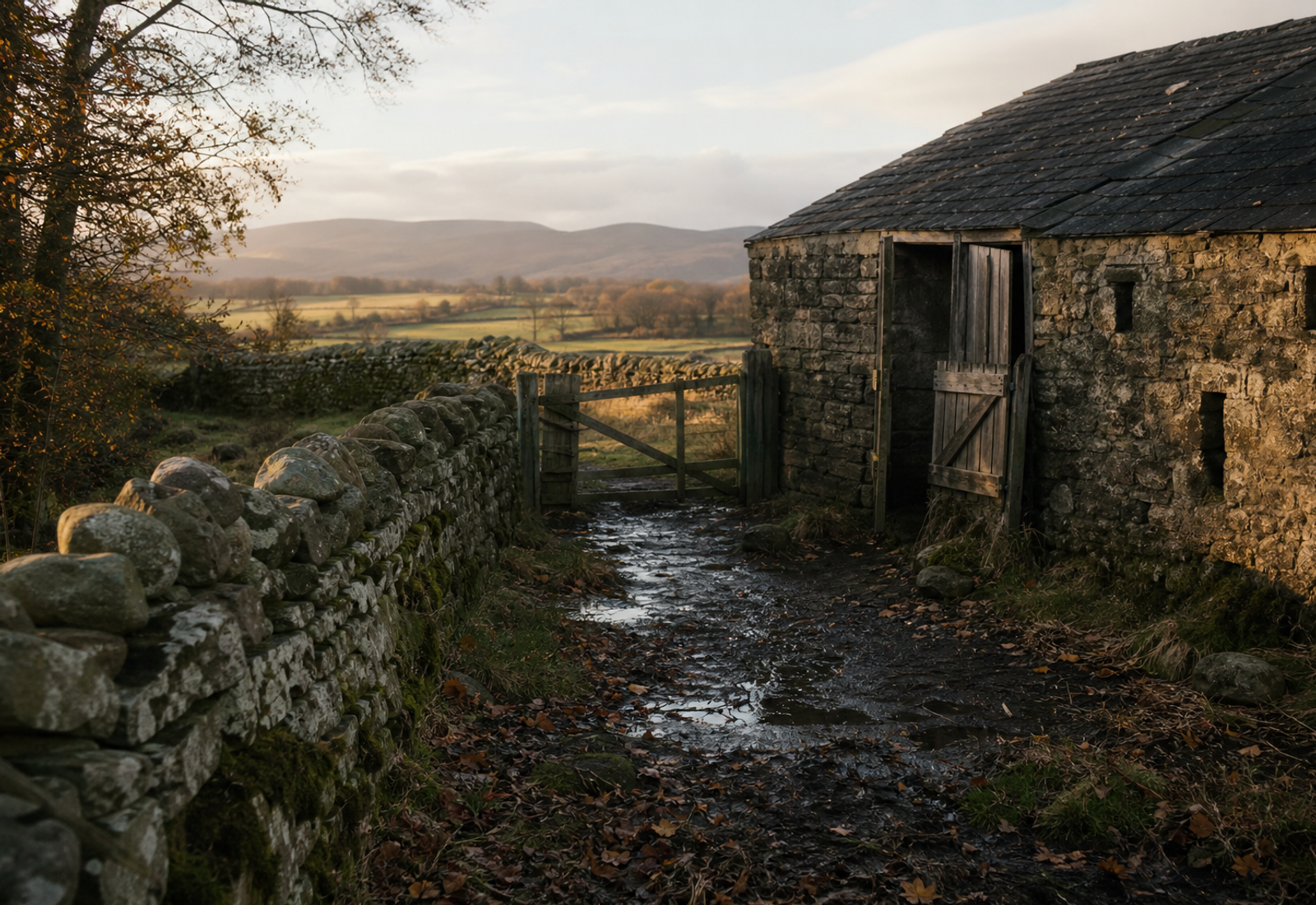 Soft autumn light over a quiet Scottish farmyard with stone walls and open fields