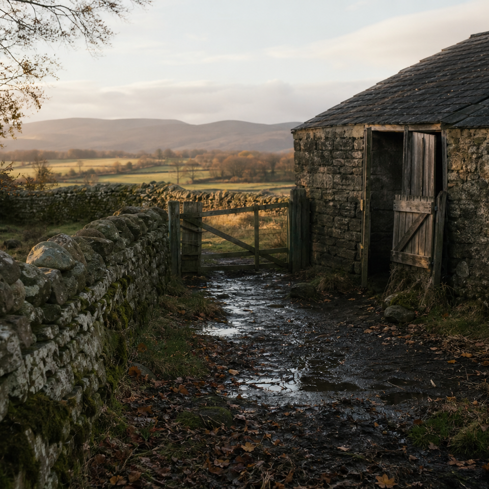 Soft autumn light over a quiet Scottish farmyard with stone walls and open fields