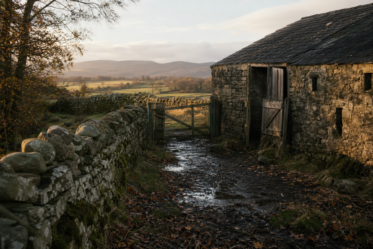 Soft autumn light over a quiet Scottish farmyard with stone walls and open fields