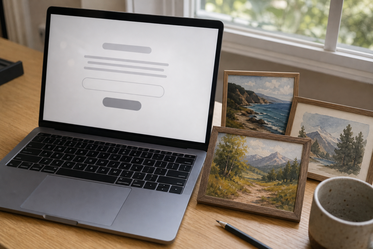 Open laptop displaying a simple newsletter sign-up page alongside small framed landscape paintings