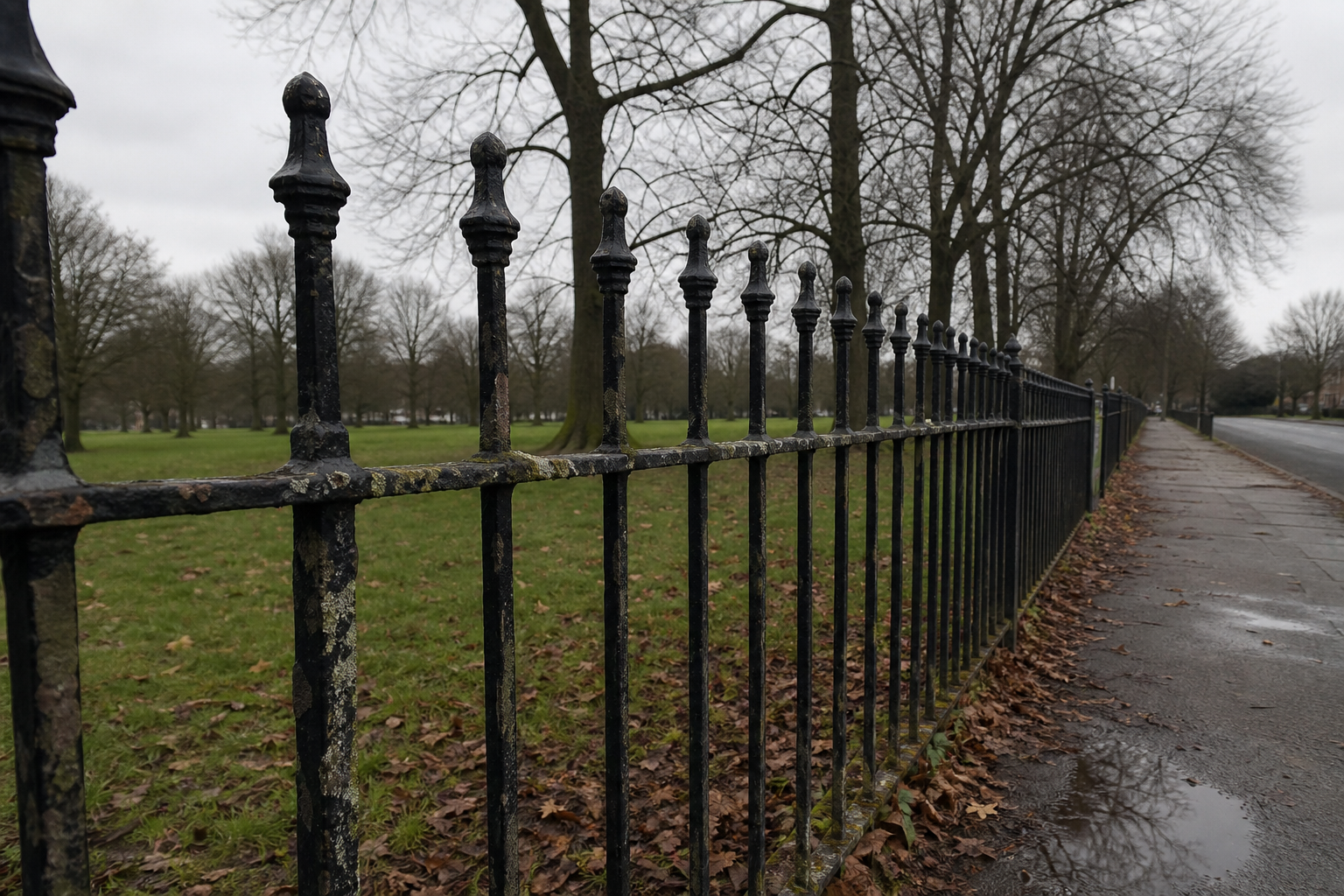A park boundary with bare trees, iron railings, and flat overcast sky beyond.