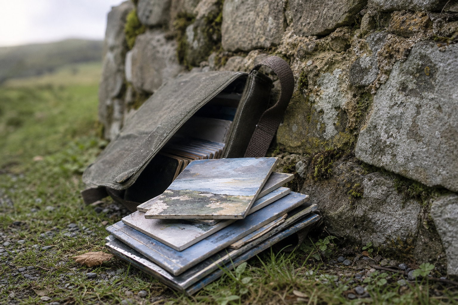 Stack of small rigid painting panels and a wet panel carrier resting against a stone wall outdoors