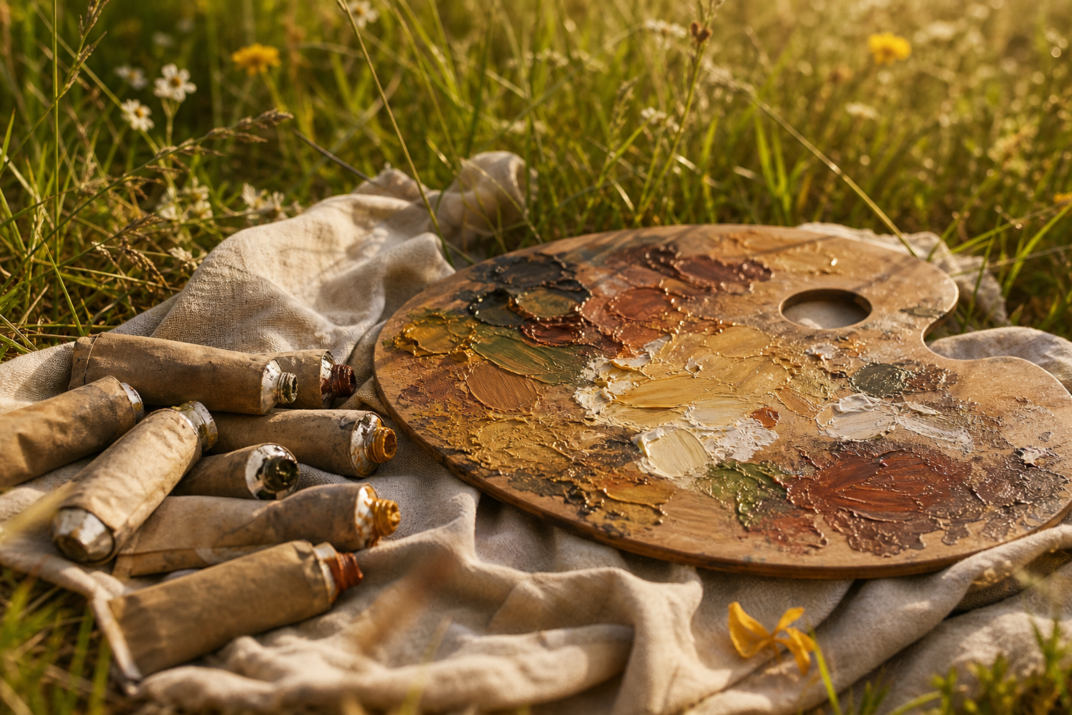 Earthy-toned paint tubes alongside a wooden palette in a sunlit outdoor setting