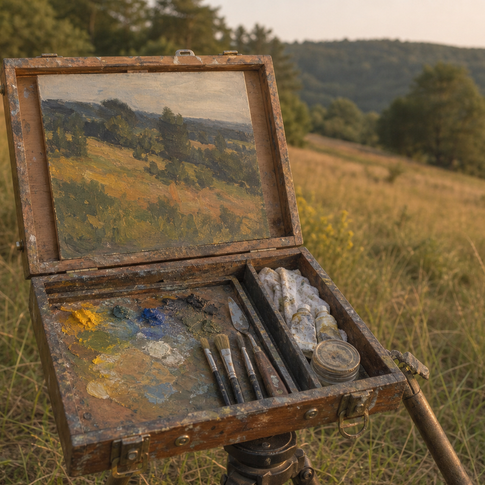 Wooden pochade box open on a tripod in an outdoor painting location
