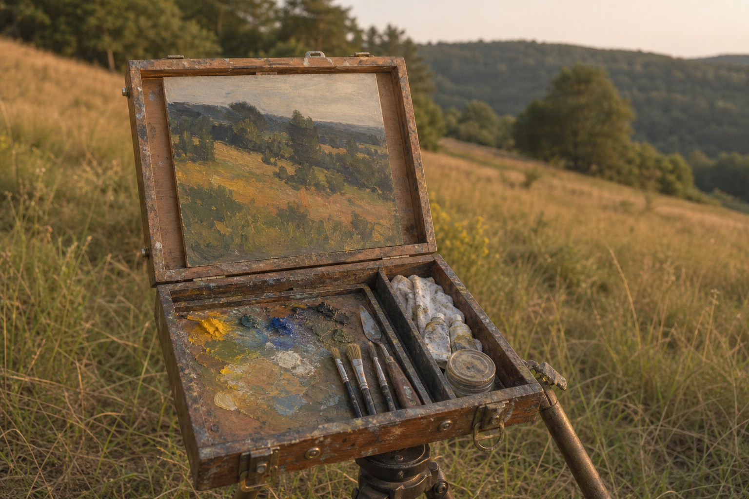 Wooden pochade box open on a tripod in an outdoor painting location