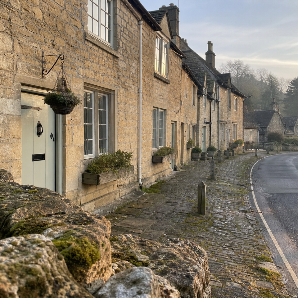 Honey-coloured limestone cottages lining a quiet Cotswolds village street in morning light