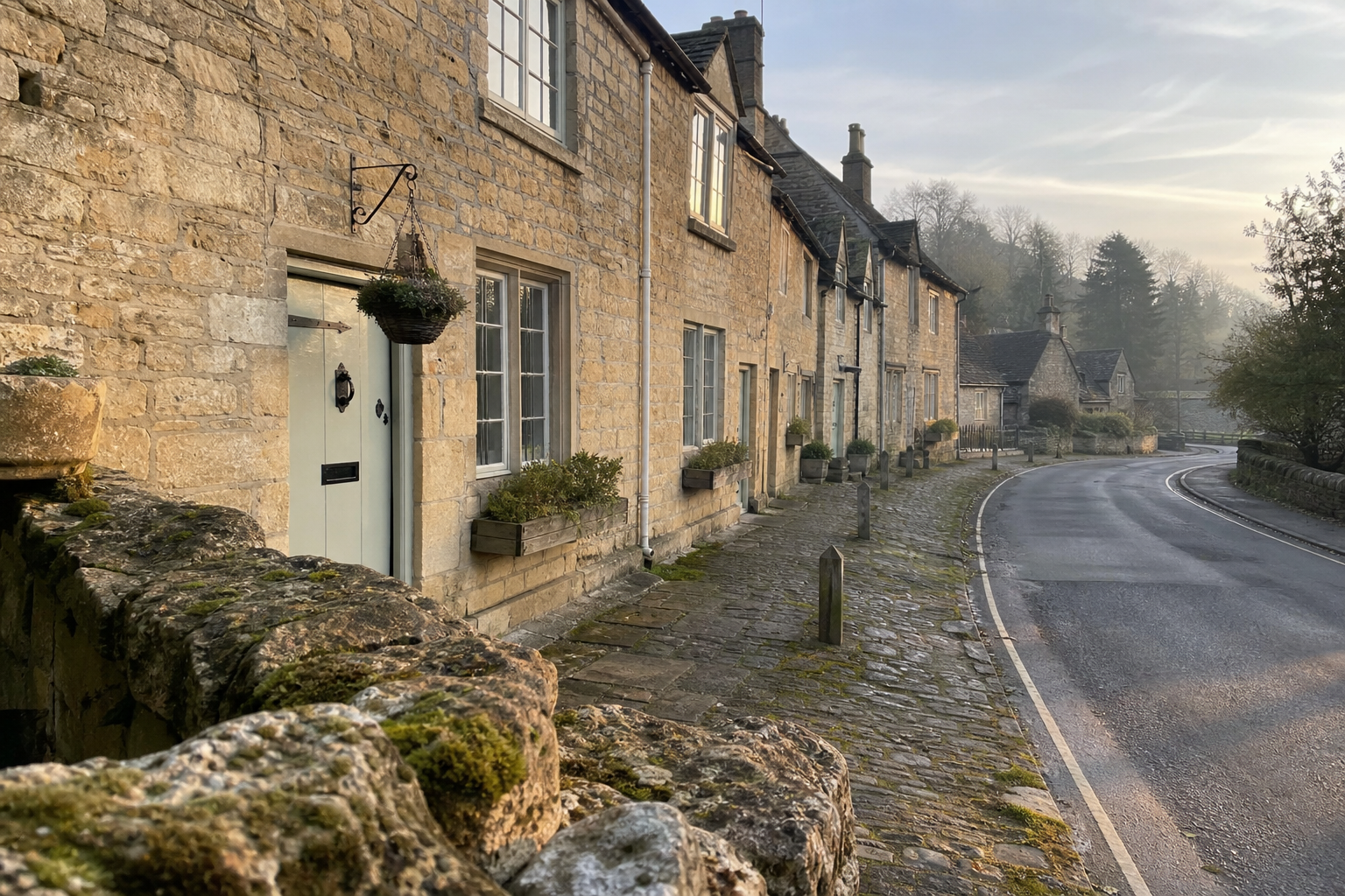 Honey-coloured limestone cottages lining a quiet Cotswolds village street in morning light