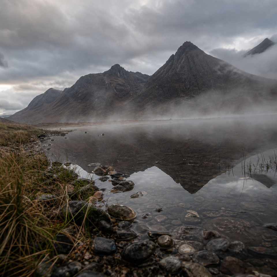 Misty Highland loch reflecting jagged mountain peaks under a dramatic cloudy sky