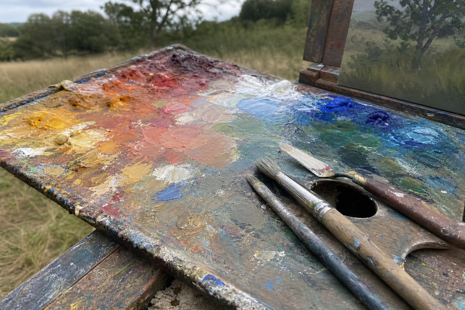 Close-up of an oil painting palette with freshly blended warm and cool colours