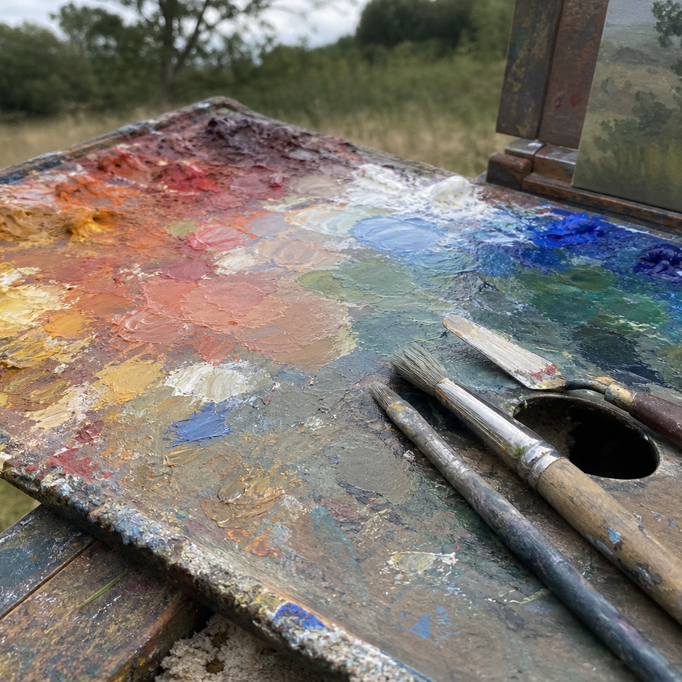 Close-up of an oil painting palette with freshly blended warm and cool colours