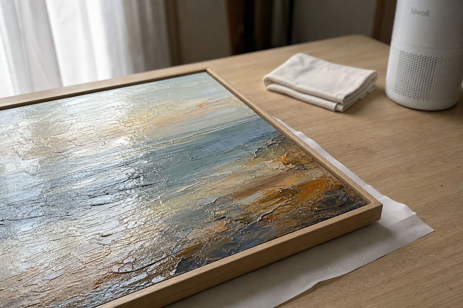 A framed oil painting lying flat on a table drying after varnishing