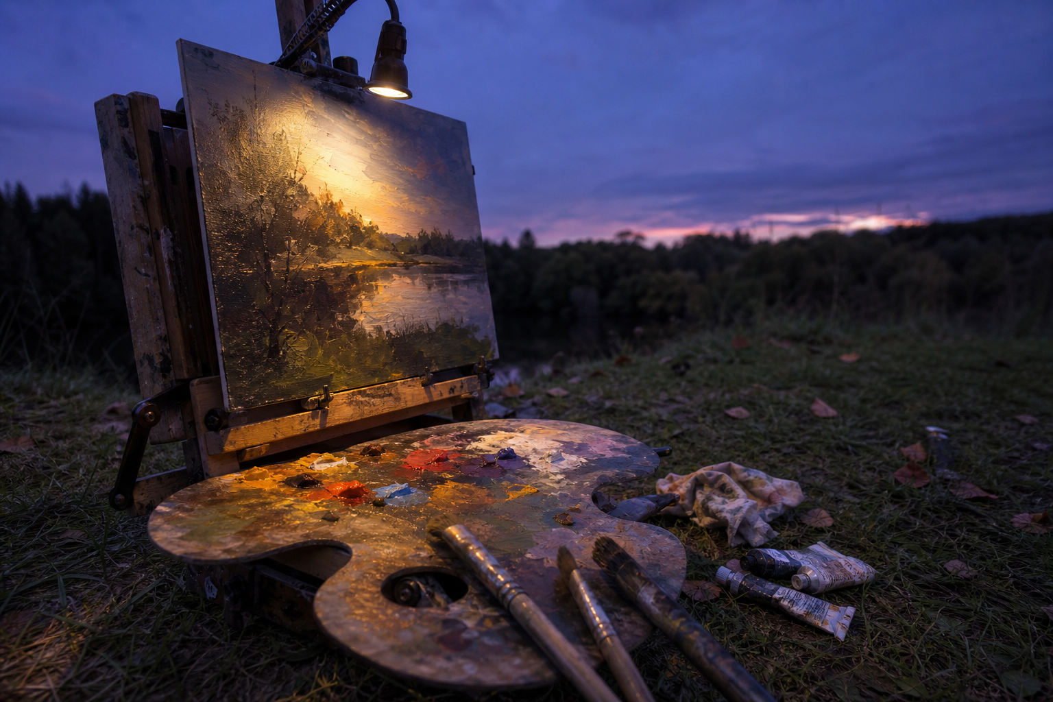 Easel and palette lit by a small lamp against a dark twilight sky outdoors