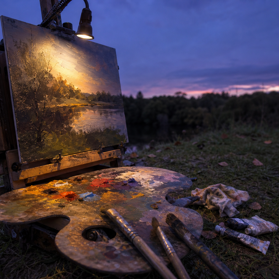 Easel and palette lit by a small lamp against a dark twilight sky outdoors