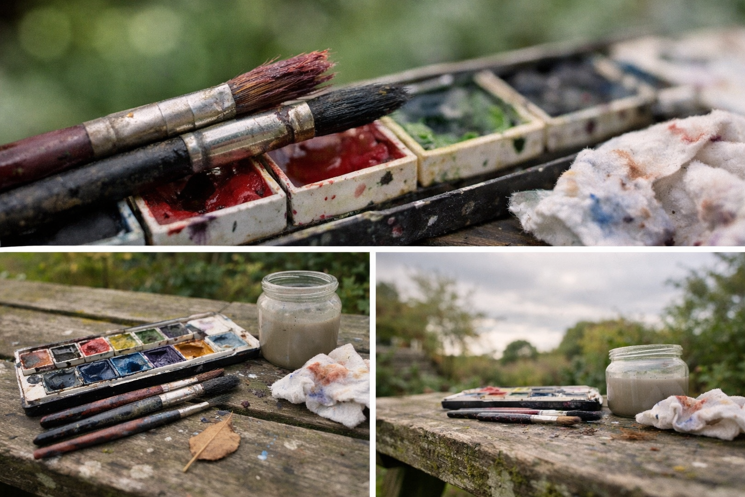 Watercolour paints, brushes, and a small palette on a weathered wooden surface outdoors