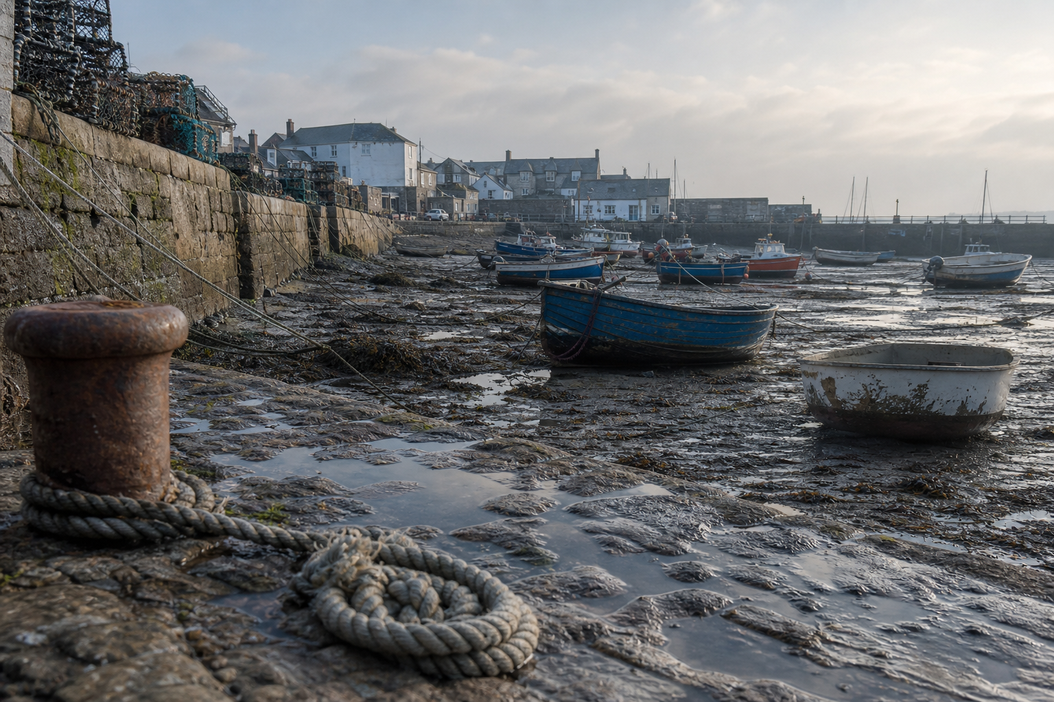 Newlyn fishing harbour at low tide under soft morning light, Cornwall
