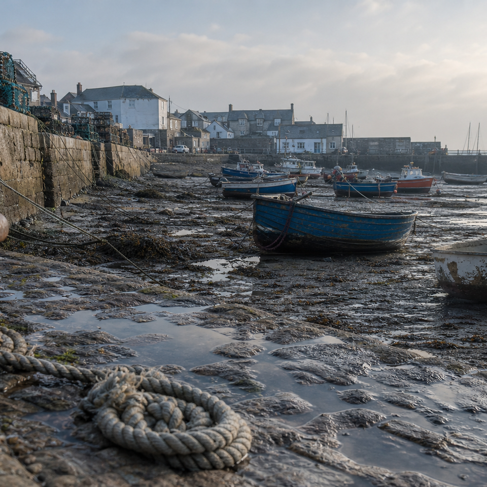 Newlyn fishing harbour at low tide under soft morning light, Cornwall