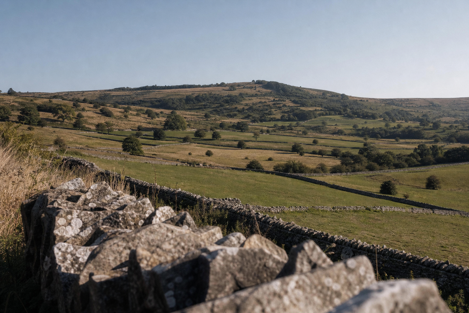 Rolling Cotswolds hills with dry stone walls and patchwork fields under a clear sky