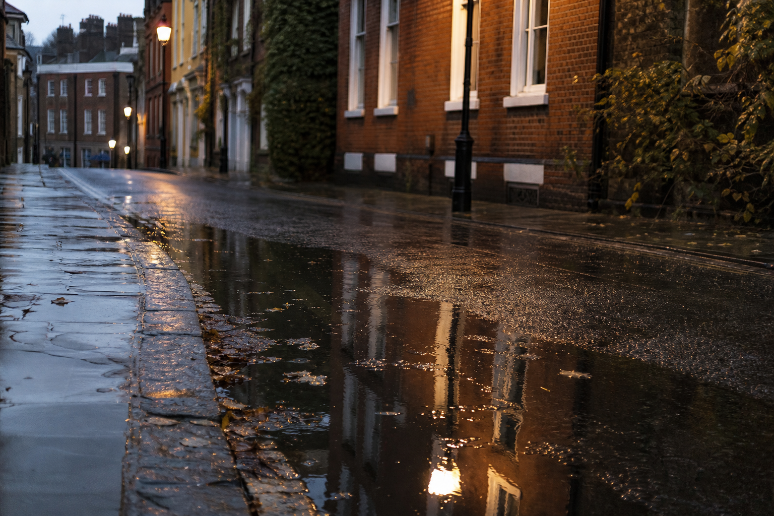 Rain-soaked urban pavement reflecting lamplight and building facades in overcast conditions