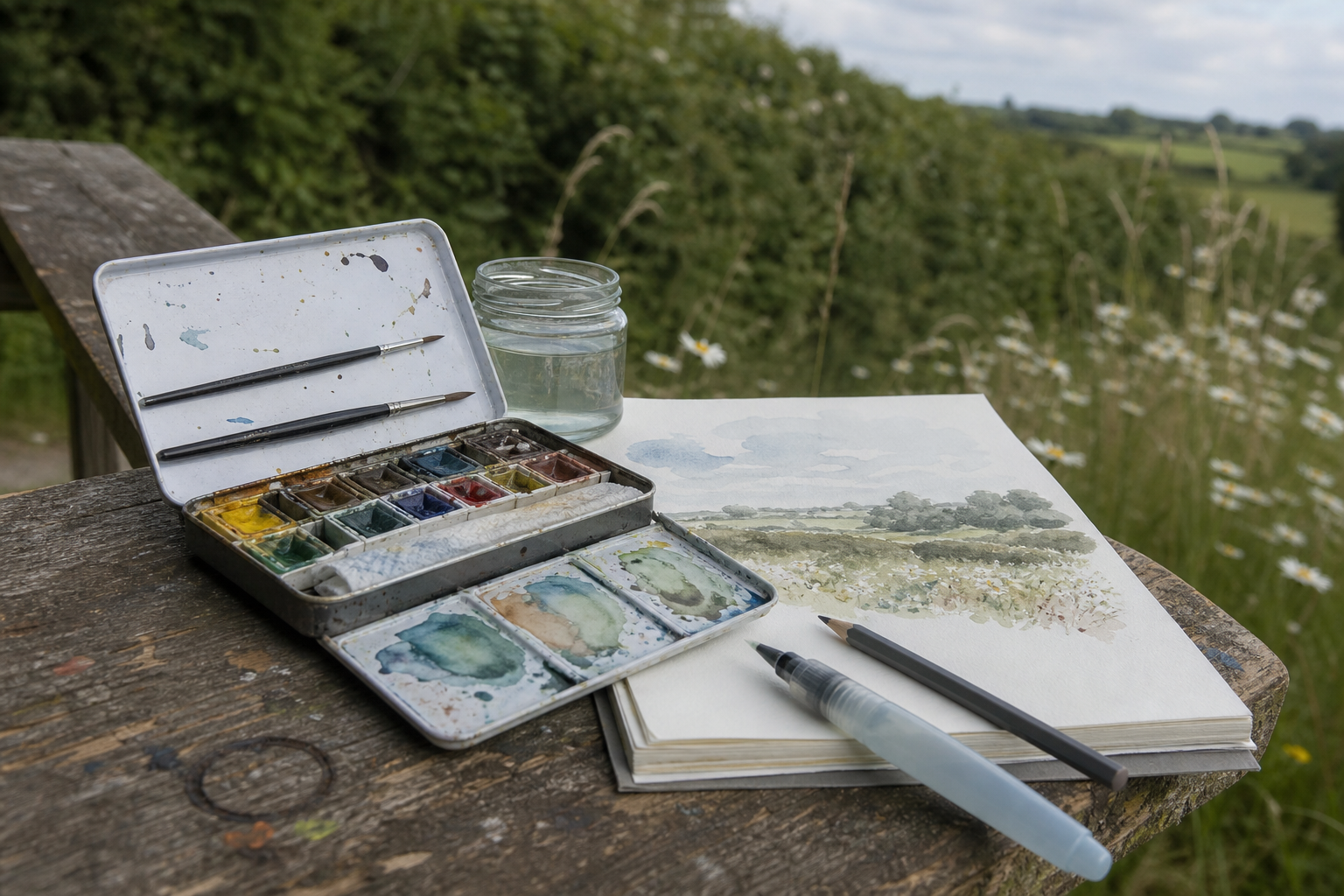 Compact watercolour field box open beside a sketchpad on a wooden surface outdoors