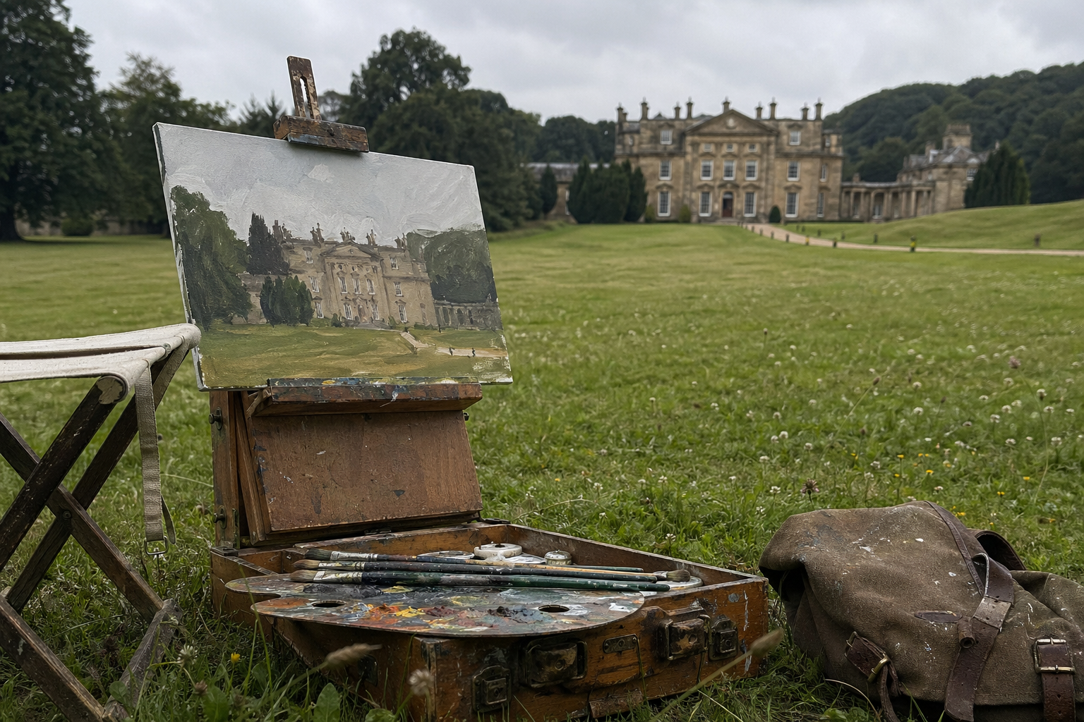 Portable easel and paint box set up in front of a grand country estate landscape